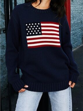 JOHN GALT 100% Cotton Women’s US American Flag Chunky Knit Crewneck Sweater OS